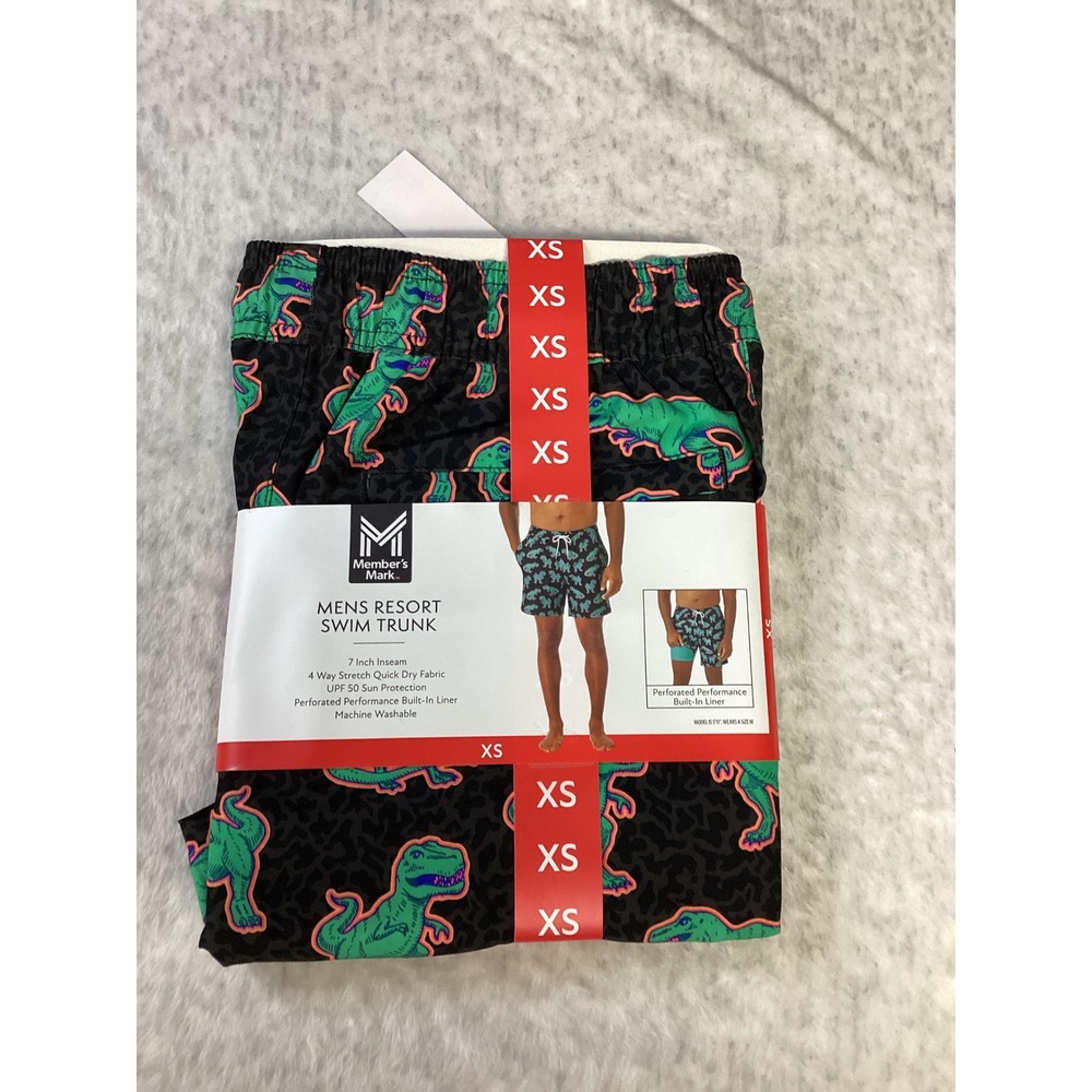 Member's Mark Mens Resort Swim Trunk XS Black Dinosaur Leopard Print 7" Inseam